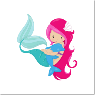 Cute Mermaid, Little Mermaid, Pink Hair, Dolphin Posters and Art